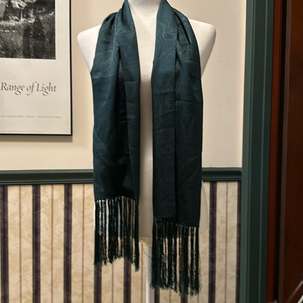 54” Long Green Paisley Scarf with Lovely Fringe Trim